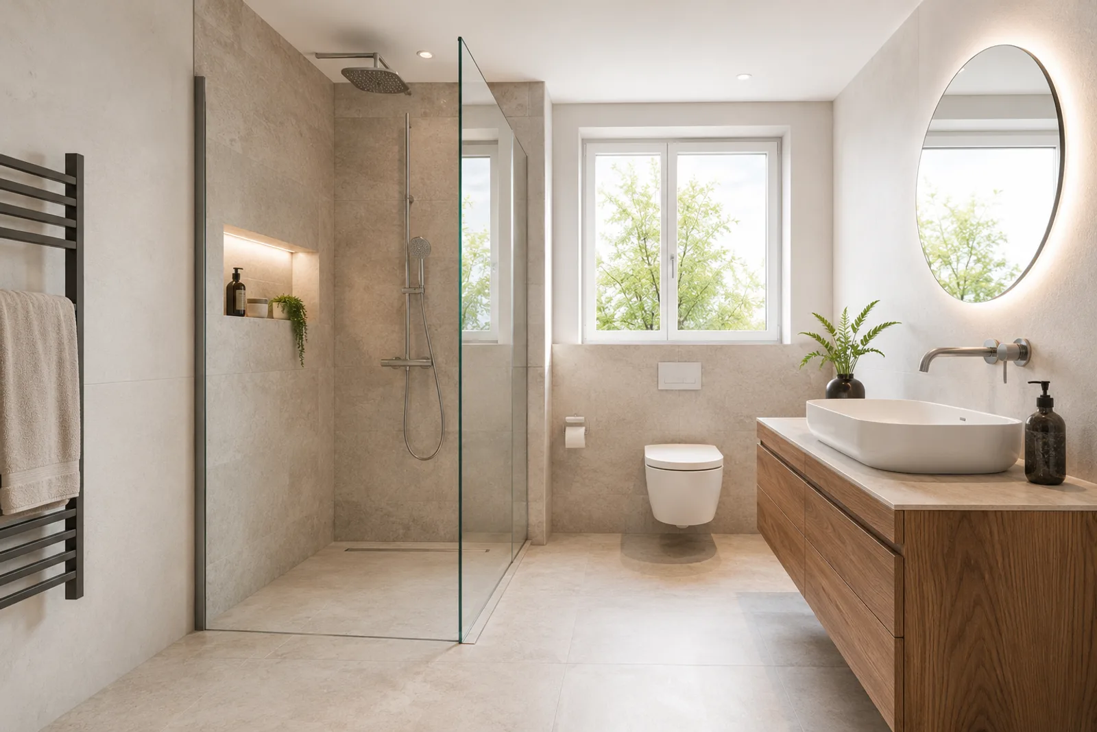 Helles, fertig renoviertes Badezimmer mit bodenebener Dusche, Holzwaschtisch und rundem Spiegel