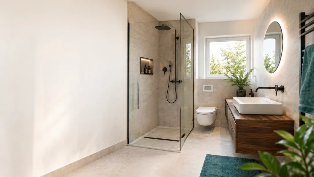 Renoviertes Badezimmer mit bodenebener Dusche und Waschtisch aus Holz