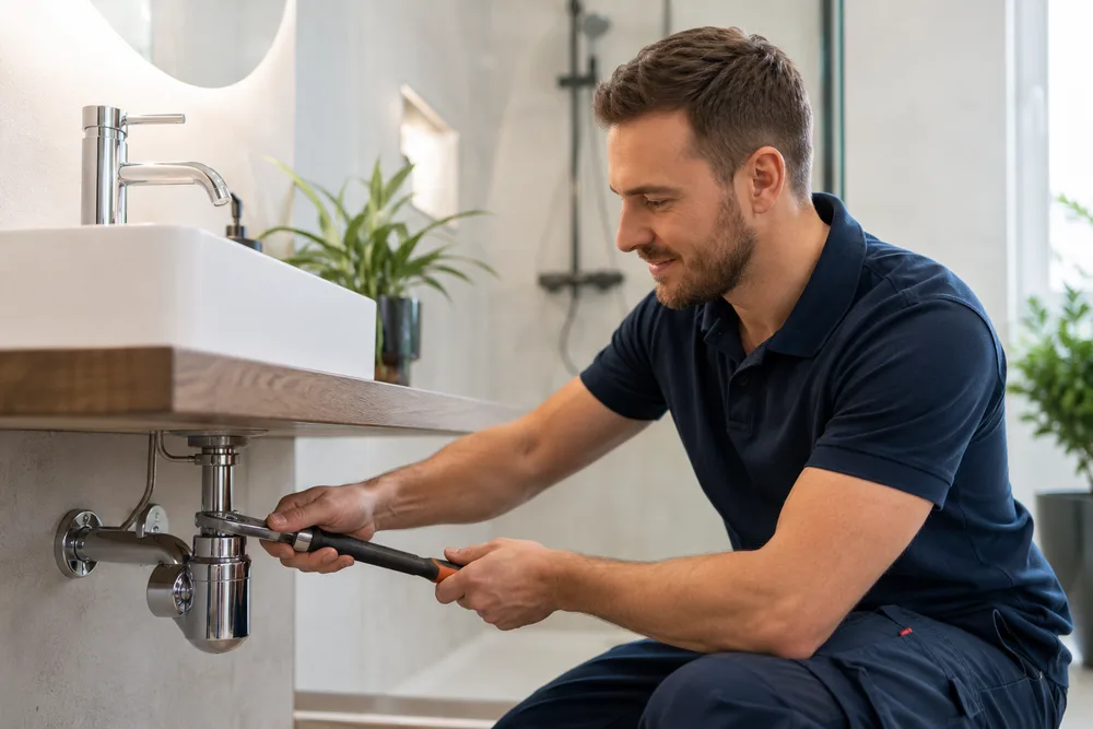Monteur repariert den Siphon unter einem Waschtisch